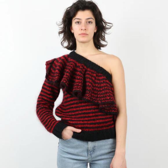 Philosophy Di Lorenzo Serafini Red Black Striped Ruffle Mohair Sweater S US 4 - Picture 3 of 12